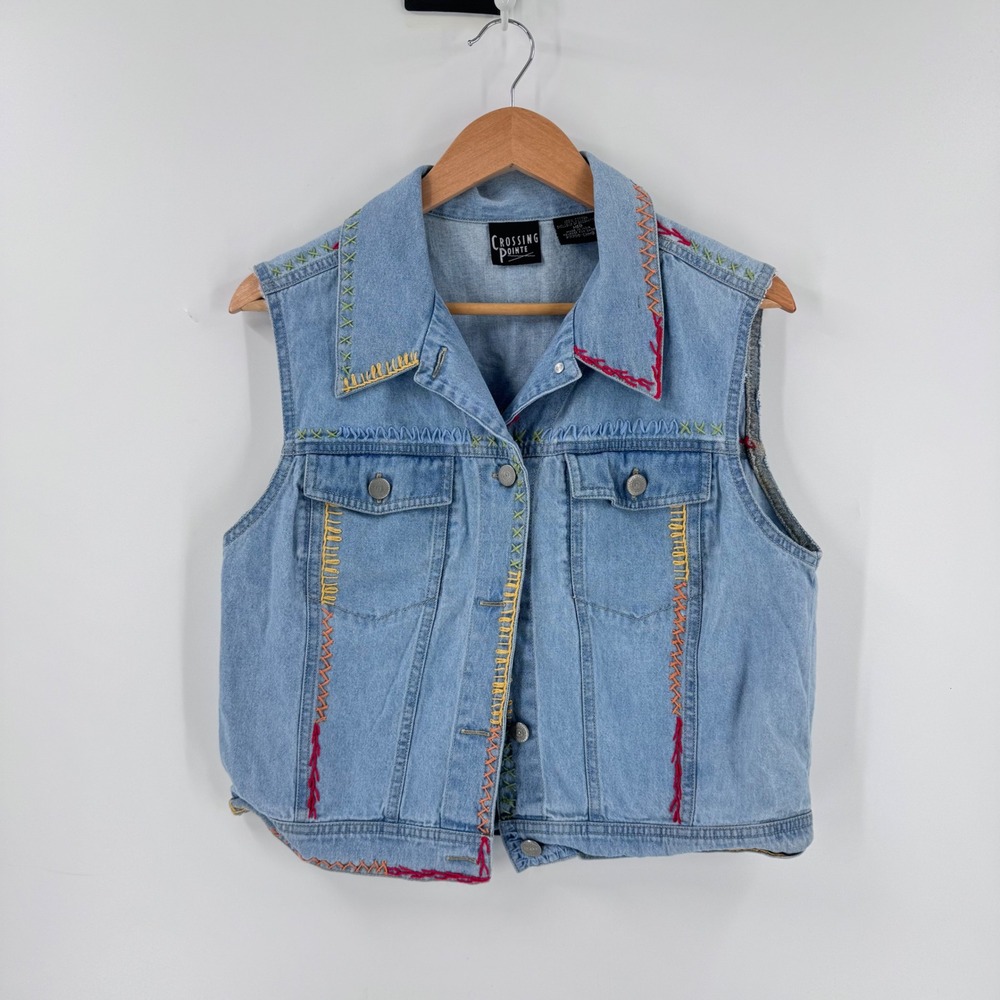 Vintage Crossing Pointe Denim Vest M Embroidered Boho Western Cowgirl